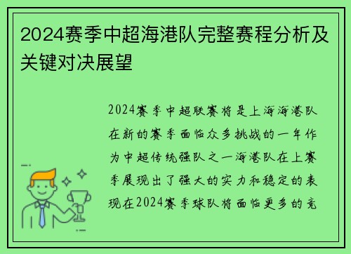 2024赛季中超海港队完整赛程分析及关键对决展望