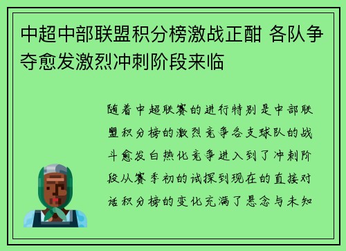 中超中部联盟积分榜激战正酣 各队争夺愈发激烈冲刺阶段来临